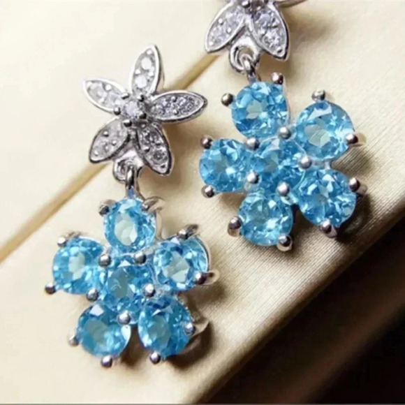💎 New Arrival Fashion Sea Blue Flower Dangle Drop Earrings, GPMB1525 - Picture 2 of 5